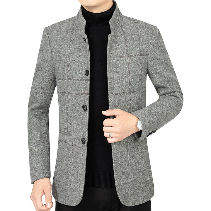 Men's Short Blazer in Suit Style with Stand Collar and Textured Wool Blend Mune Fashion