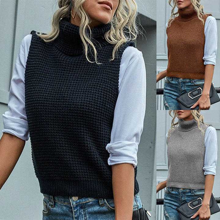 Women Sleeveless Turtleneck Knit Vest with Structured Waffle Look Mune Fashion