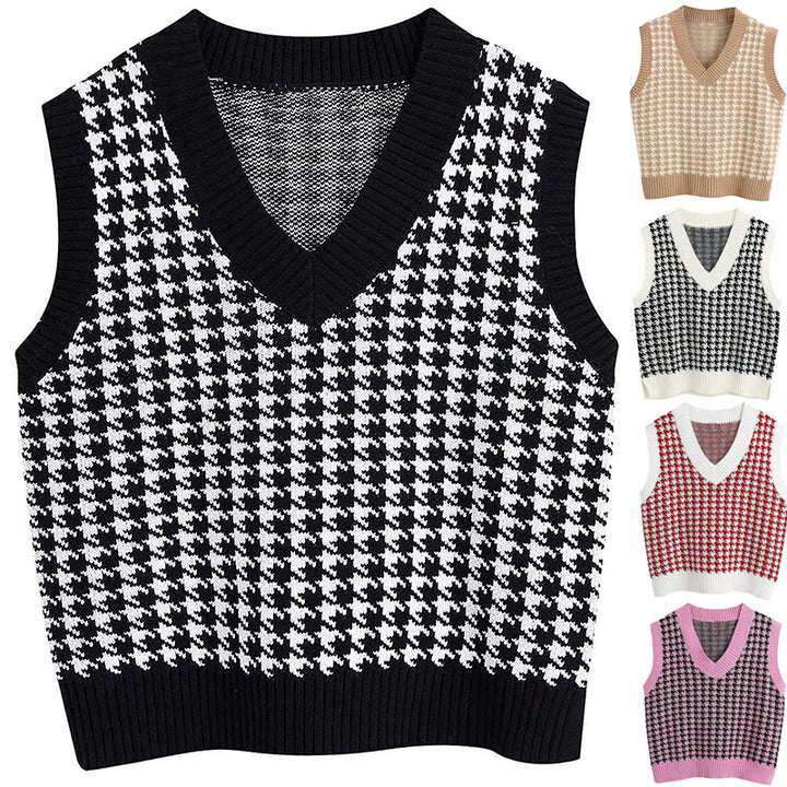 Women’s knit vest with houndstooth pattern, V-neck and ribbed hem Mune Fashion