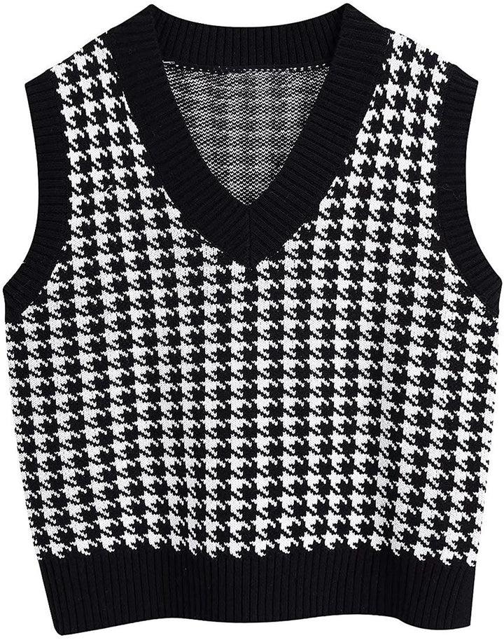 Women’s knit vest with houndstooth pattern, V-neck and ribbed hem Mune Fashion