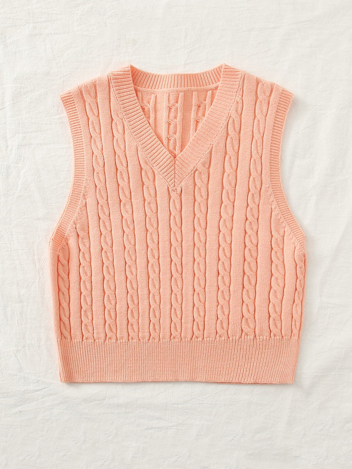 Women Knitted Sleeveless Cable Knit Sweater Vest with V-Neck Mune Fashion
