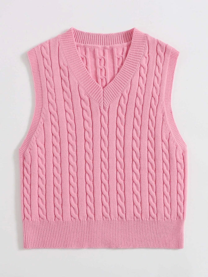 Women Knitted Sleeveless Cable Knit Sweater Vest with V-Neck Mune Fashion