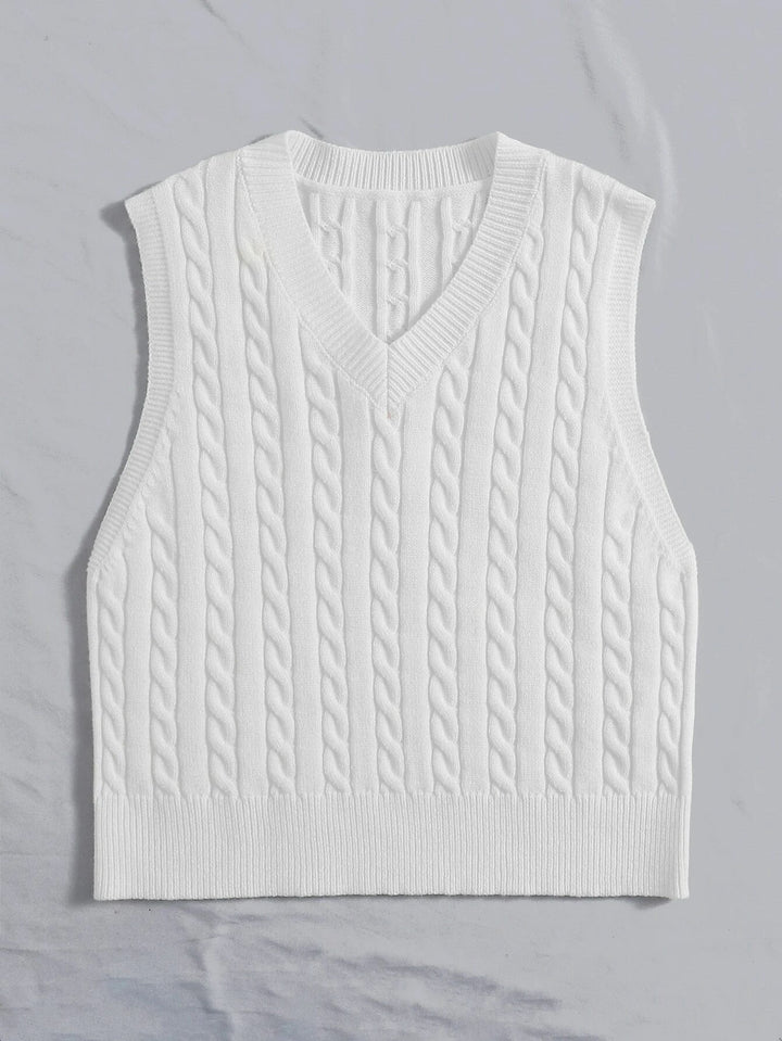 Women Knitted Sleeveless Cable Knit Sweater Vest with V-Neck Mune Fashion