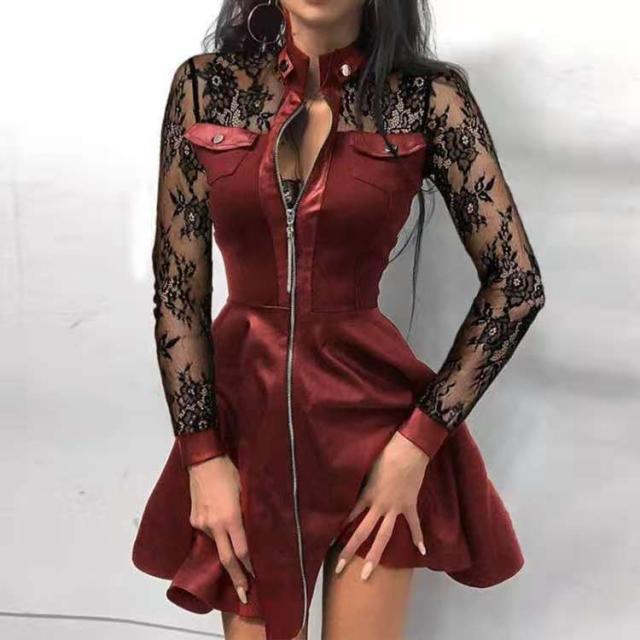 Ladies nan tailored mini dress with houndstooth top, faux leather skirt, stand-up collar and full-length zipper Mune Fashion