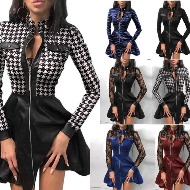 Ladies nan tailored mini dress with houndstooth top, faux leather skirt, stand-up collar and full-length zipper Mune Fashion