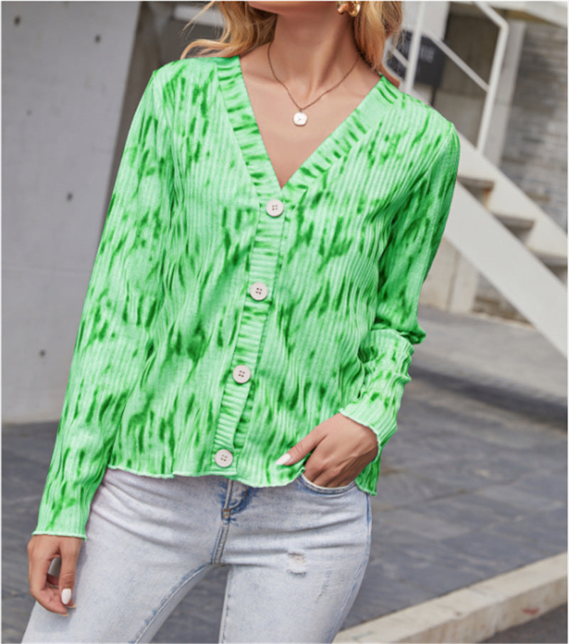 Women Light Ribbed V-Neck Cardigan with Button Placket and Batik Look Mune Fashion