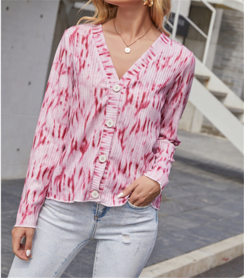 Women Light Ribbed V-Neck Cardigan with Button Placket and Batik Look Mune Fashion