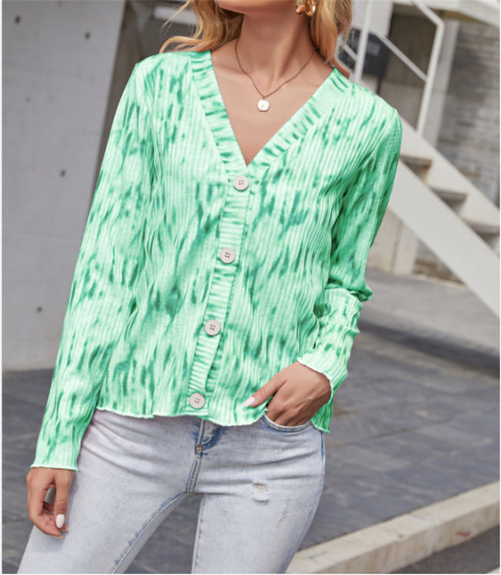 Women Light Ribbed V-Neck Cardigan with Button Placket and Batik Look Mune Fashion