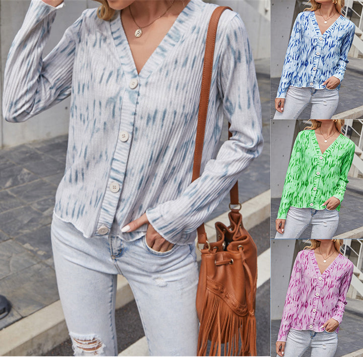 Women Light Ribbed V-Neck Cardigan with Button Placket and Batik Look Mune Fashion