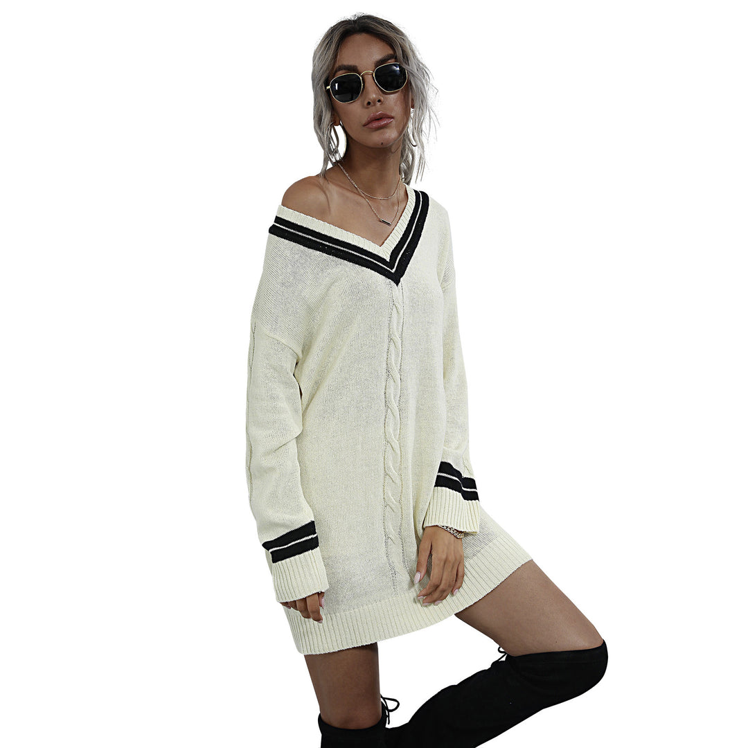 Women's Casual Knit Dress with V-Neck Mune Fashion