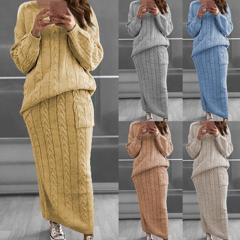 Women’s knitted set oversized cable knit sweater and maxi pencil skirt with patch pocket Mune Fashion