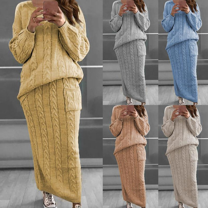 Women’s knitted set oversized cable knit sweater and maxi pencil skirt with patch pocket Mune Fashion