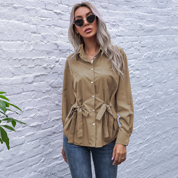 Women Tailored Shirt Blouse with Double Bow Waist and Breast Pockets Mune Fashion