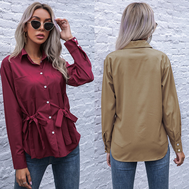 Women Tailored Shirt Blouse with Double Bow Waist and Breast Pockets Mune Fashion
