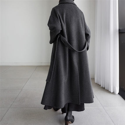 Women's Long Wool Coat with Integrated Scarf, Ties Belt and Flared Skirt Mune Fashion
