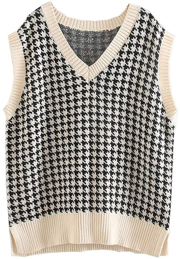 Women’s knit vest with houndstooth pattern, V-neck and ribbed hem Mune Fashion
