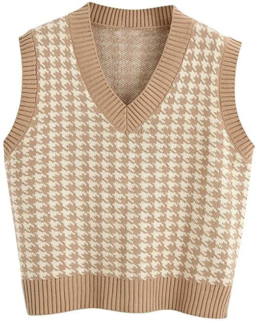 Women’s knit vest with houndstooth pattern, V-neck and ribbed hem Mune Fashion