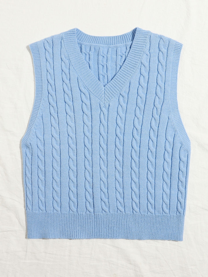 Women Knitted Sleeveless Cable Knit Sweater Vest with V-Neck Mune Fashion