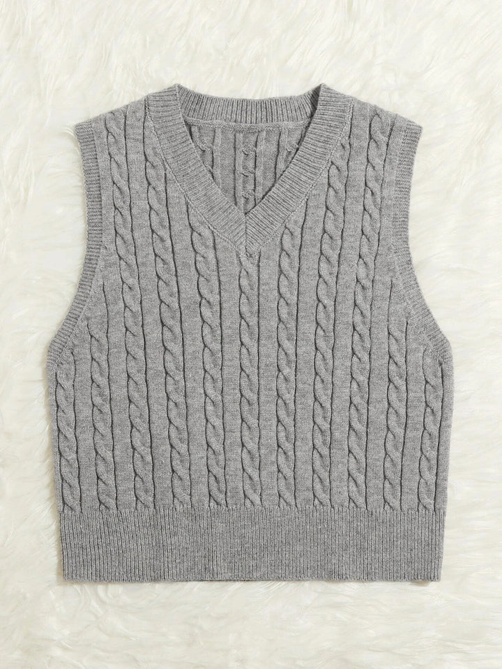 Women Knitted Sleeveless Cable Knit Sweater Vest with V-Neck Mune Fashion