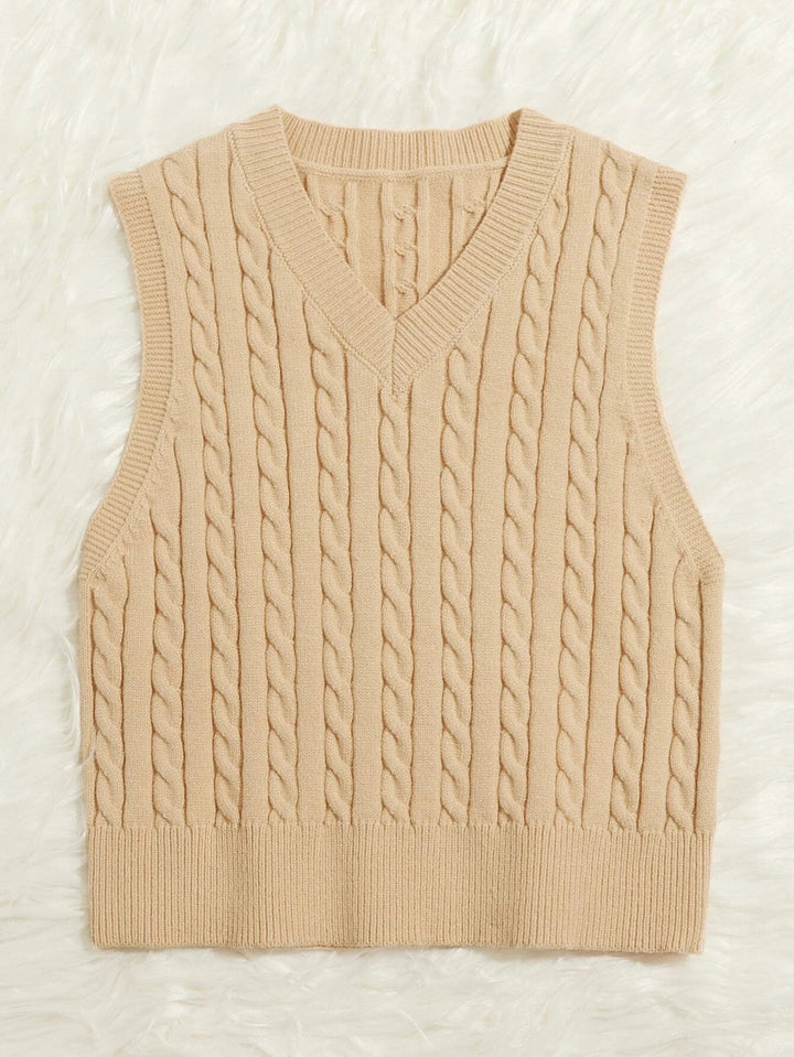 Women Knitted Sleeveless Cable Knit Sweater Vest with V-Neck Mune Fashion