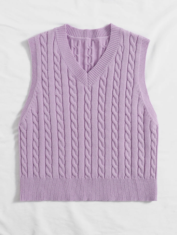 Women Knitted Sleeveless Cable Knit Sweater Vest with V-Neck Mune Fashion