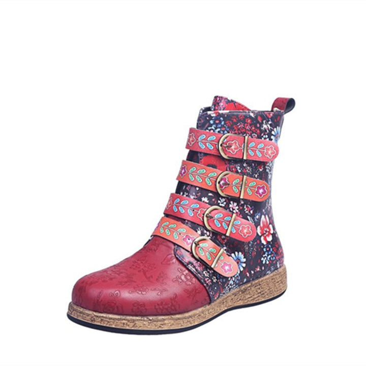 Women's whimsical ankle-high ankle boots with floral embossing, four adjustable decorative straps, and cork look sole Mune Fashion
