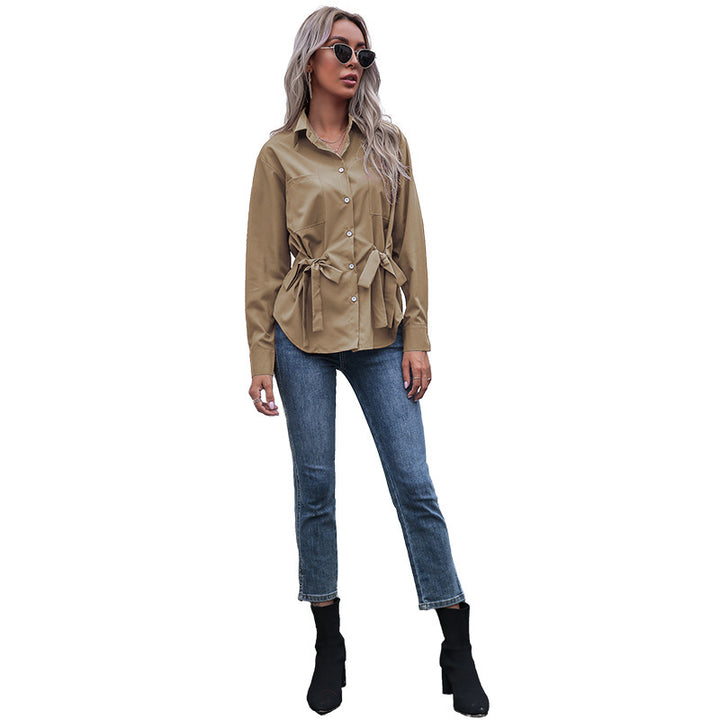 Women Tailored Shirt Blouse with Double Bow Waist and Breast Pockets Mune Fashion