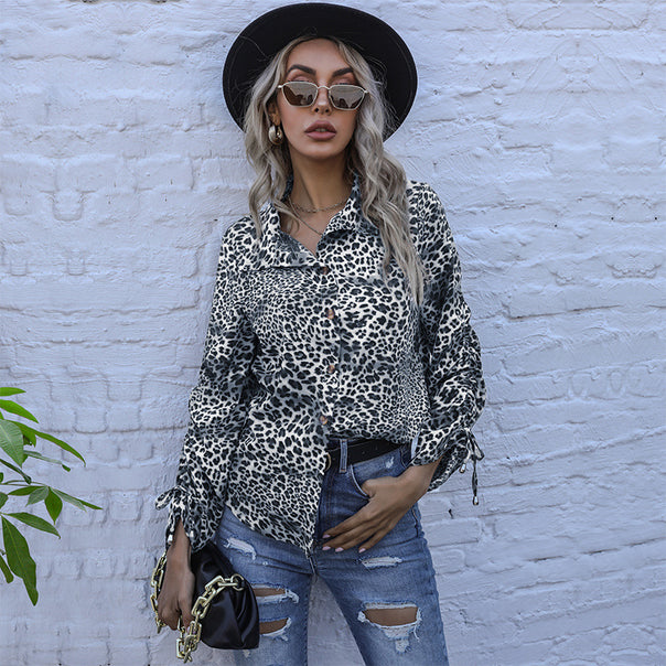 Women's viscose shirt blouse with leopard print, knot sleeves and loose silhouette Mune Fashion