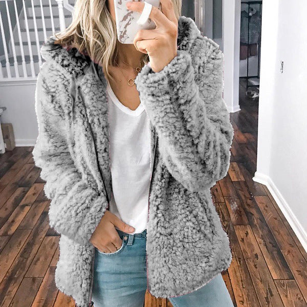 Women nan cozy teddy fleece transitional jacket with hood and zipper Mune Fashion