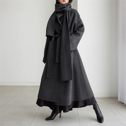 Women's Long Wool Coat with Integrated Scarf, Ties Belt and Flared Skirt Mune Fashion