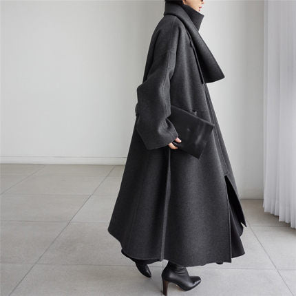 Women's Long Wool Coat with Integrated Scarf, Ties Belt and Flared Skirt Mune Fashion