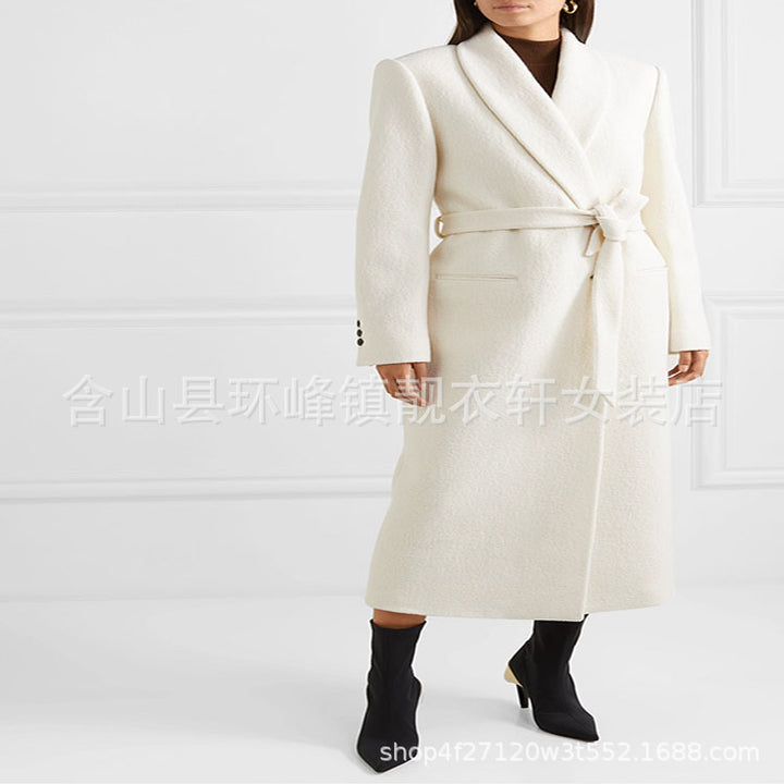 Women Tailored Midi-Length Coat with Wrap Belt and Shawl Collar Mune Fashion