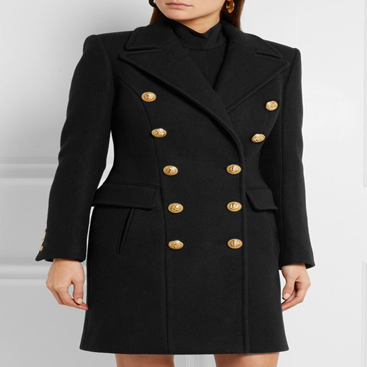 Women’s Wool Blend Long Coat in Marine Tailoring with Contoured Waist and Gold Decorative Round Buttons Mune Fashion