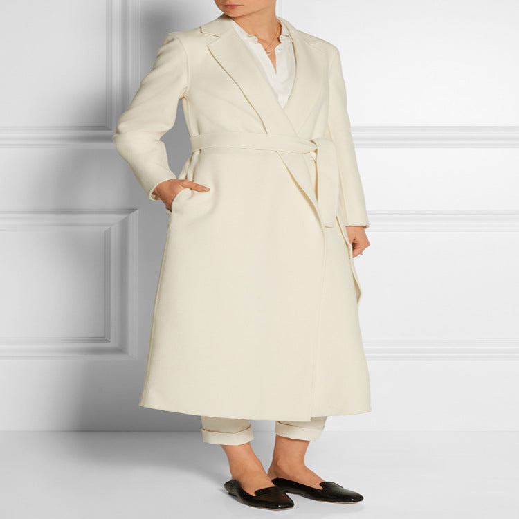 Ladies ankle-length wrap long coat made of wool-cashmere blend with fitted tie belt Mune Fashion