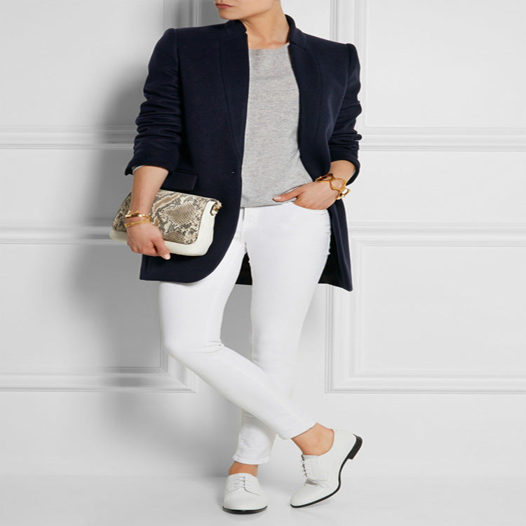Women's mid-length structured long blazer coat with narrow stand-up collar and flap pockets Mune Fashion