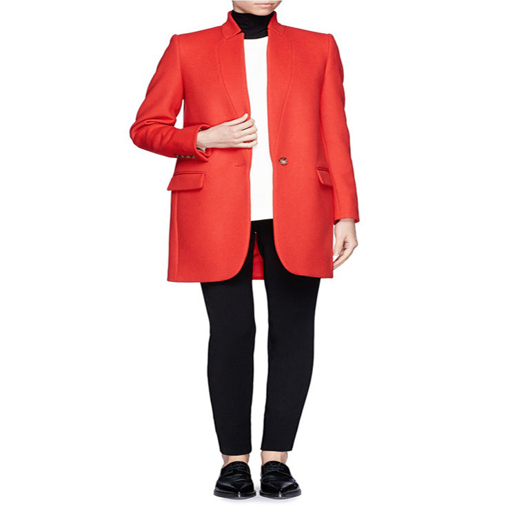 Women's mid-length structured long blazer coat with narrow stand-up collar and flap pockets Mune Fashion