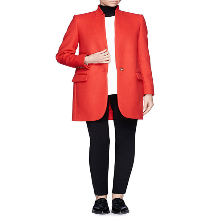 Women's mid-length structured long blazer coat with narrow stand-up collar and flap pockets Mune Fashion