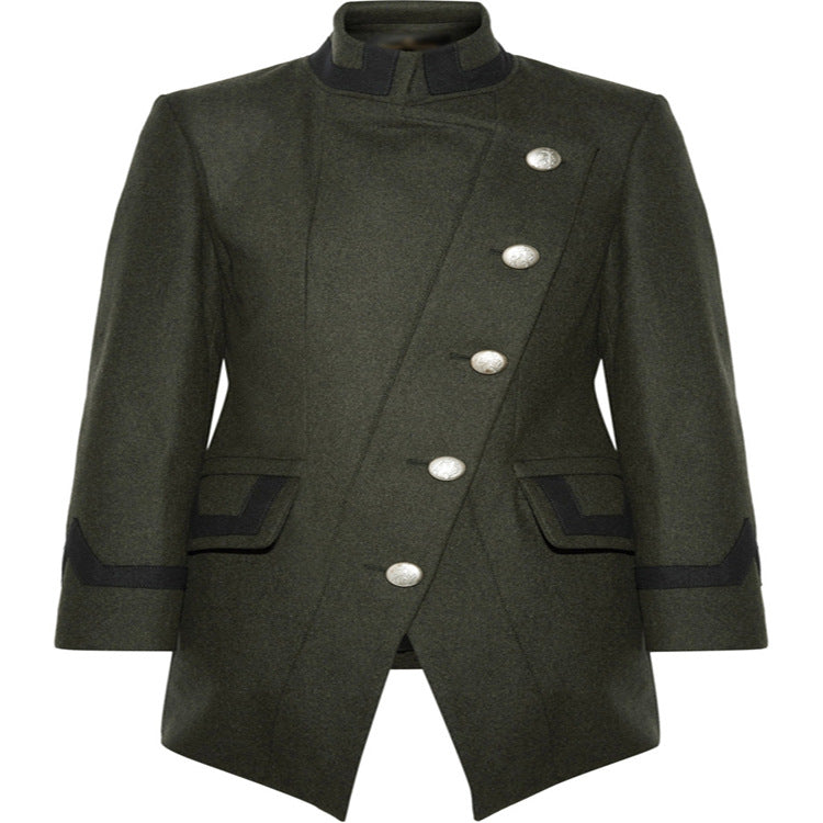 Women Tailored Military Coat in A-Line Cut with Asymmetric Button Placket Mune Fashion
