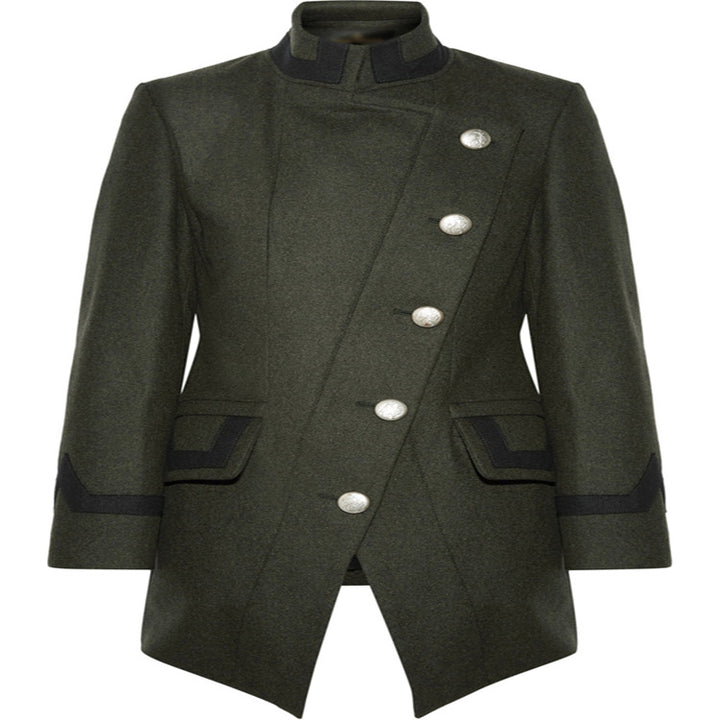 Women Tailored Military Coat in A-Line Cut with Asymmetric Button Placket Mune Fashion