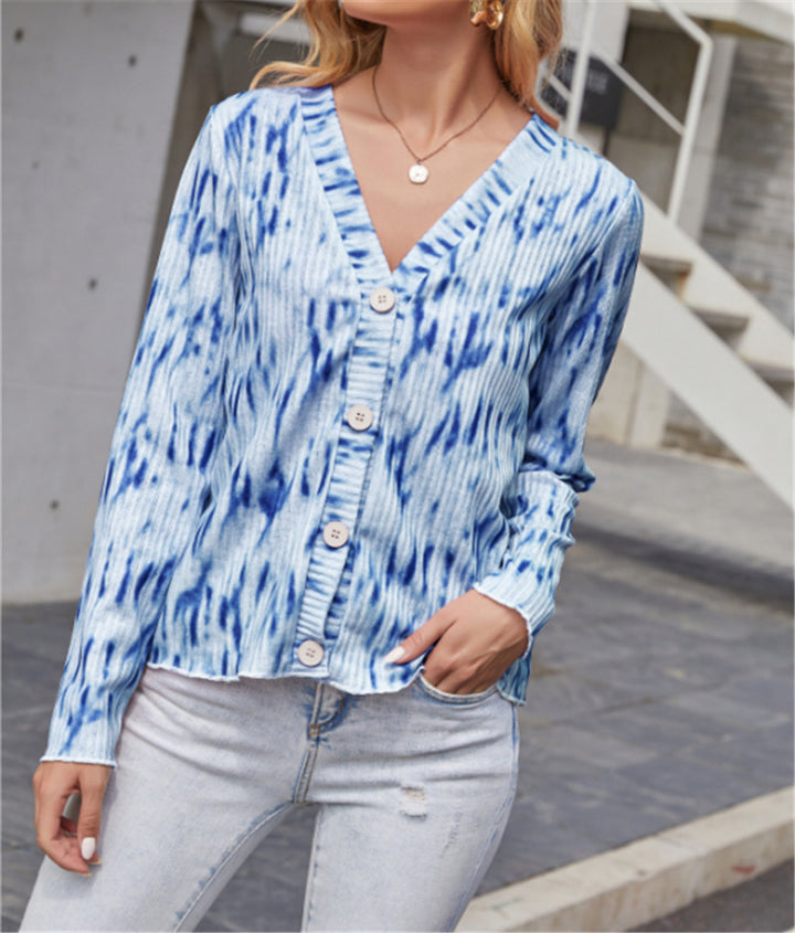 Women Light Ribbed V-Neck Cardigan with Button Placket and Batik Look Mune Fashion