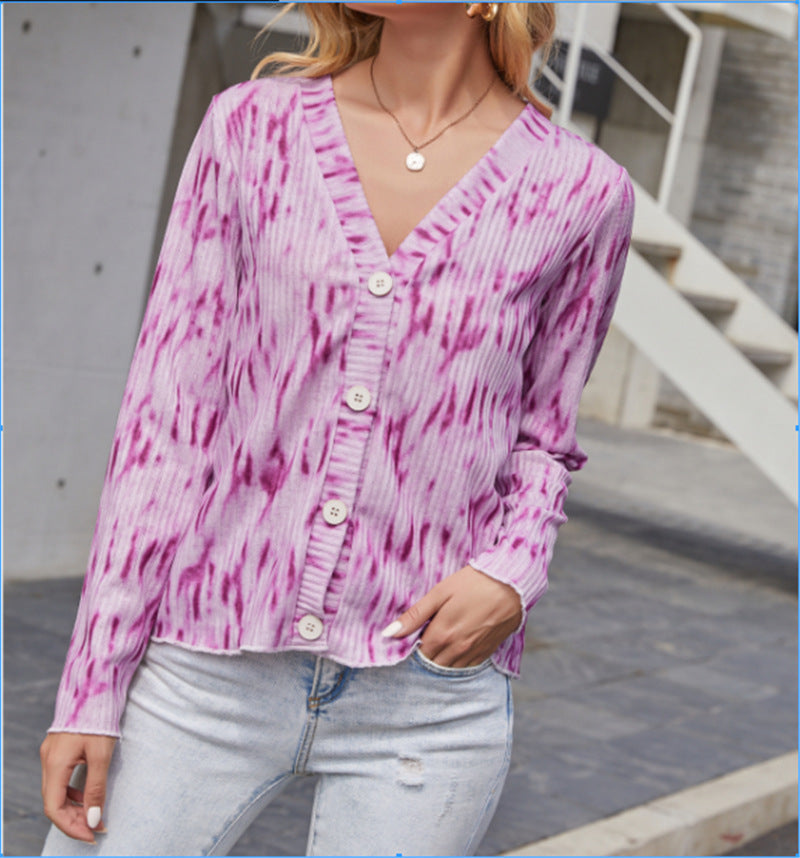 Women Light Ribbed V-Neck Cardigan with Button Placket and Batik Look Mune Fashion