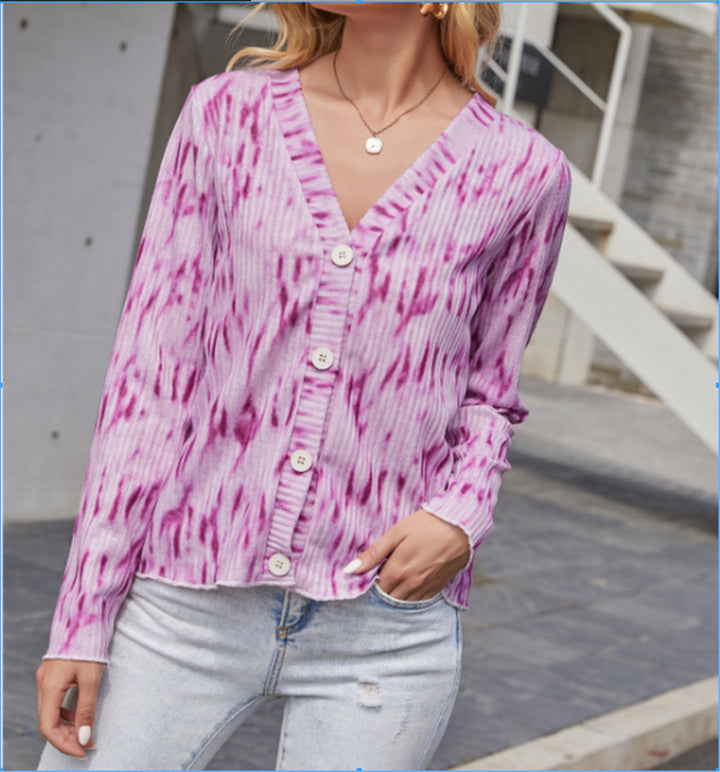 Women Light Ribbed V-Neck Cardigan with Button Placket and Batik Look Mune Fashion