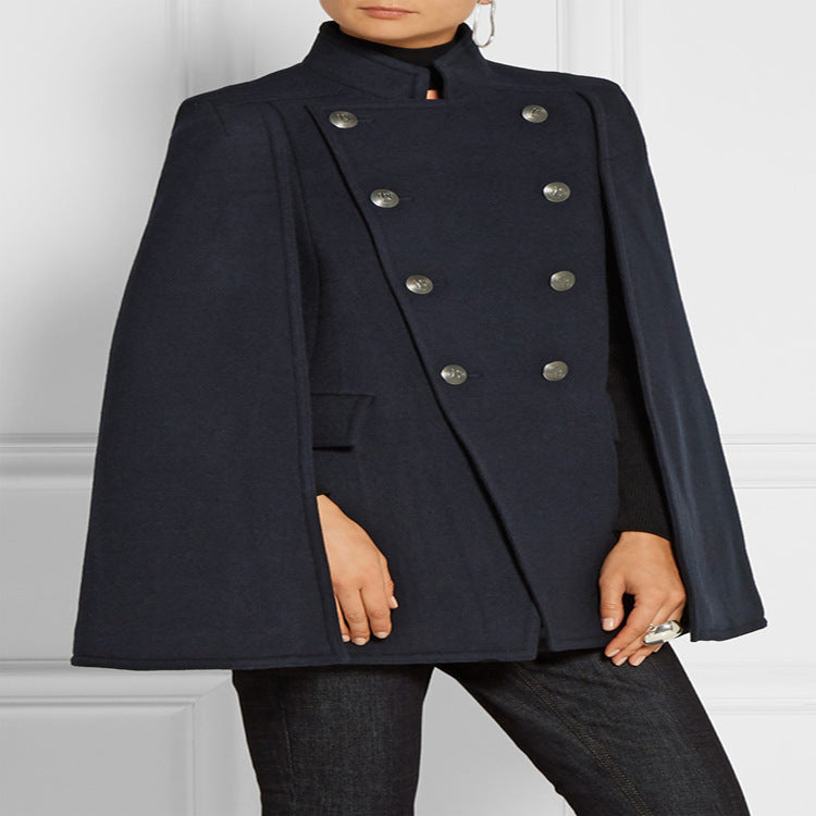 Women's Short Cape Coat in Military Style with Double Breasted and Stand Collar Mune Fashion