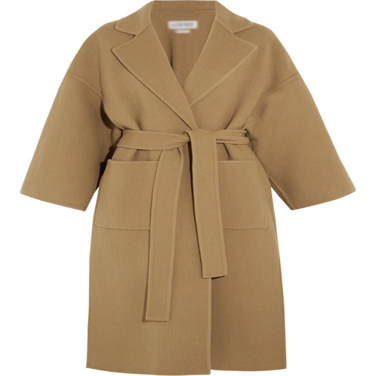 Women's Tailored Wool Blend Wrap Coat with Kimono-Style Sleeves and Tie Belt Mune Fashion