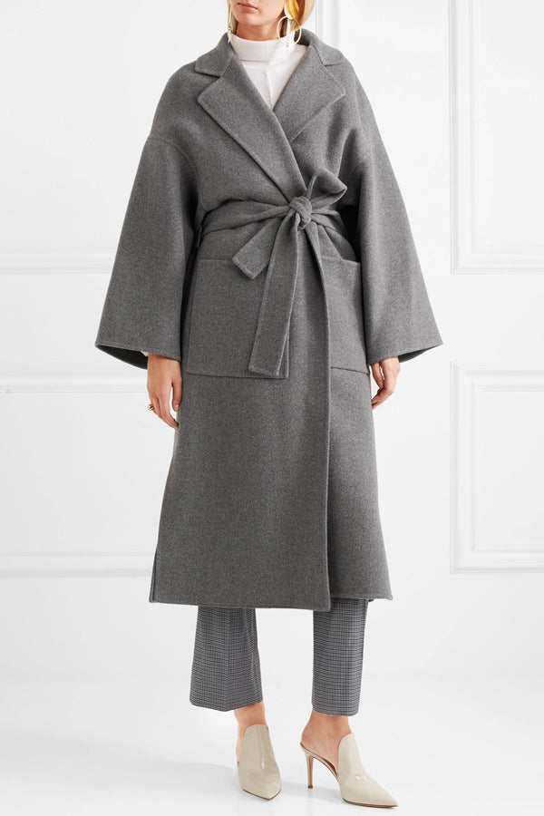 Women's Tailored Wool Blend Wrap Coat with Kimono-Style Sleeves and Tie Belt Mune Fashion