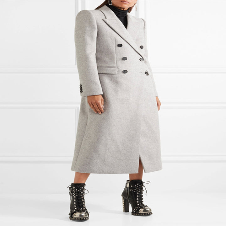 Women's Double-Breasted Tailored Wool Blend Long Coat in Slim Tailoring Style Mune Fashion