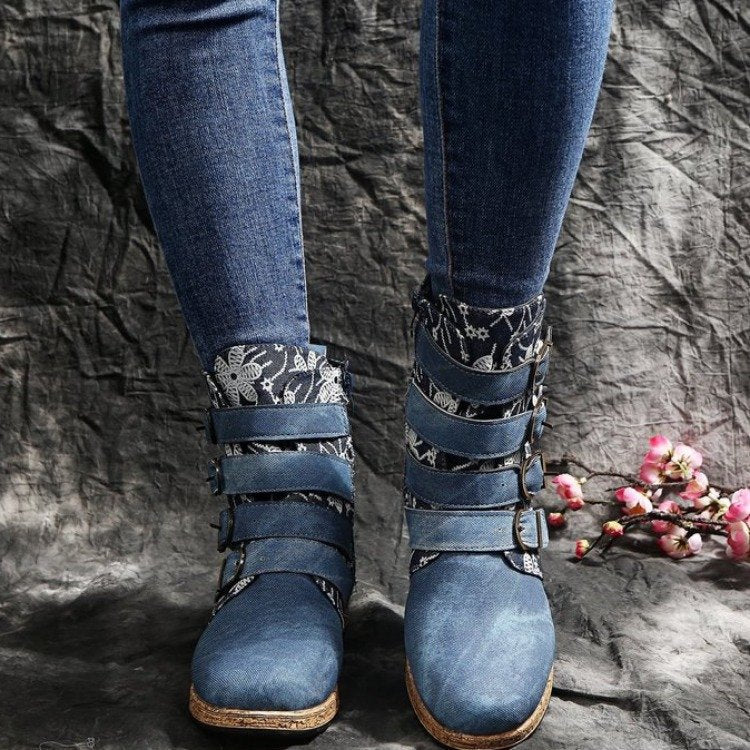 Women's whimsical ankle-high ankle boots with floral embossing, four adjustable decorative straps, and cork look sole Mune Fashion