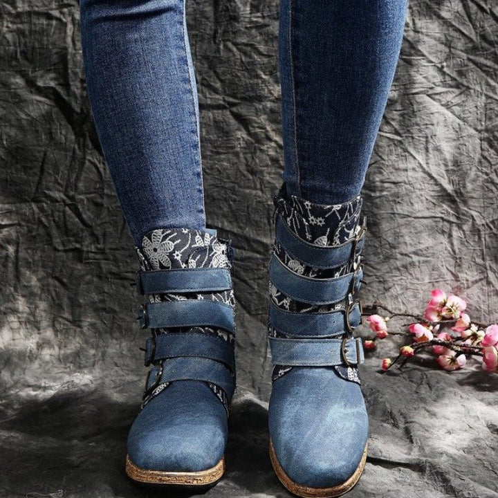Women's whimsical ankle-high ankle boots with floral embossing, four adjustable decorative straps, and cork look sole Mune Fashion