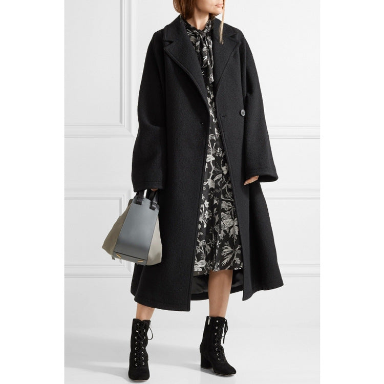 Women's Oversized Single-Breasted Wool Blend Long Coat with Dropped Silhouette Mune Fashion