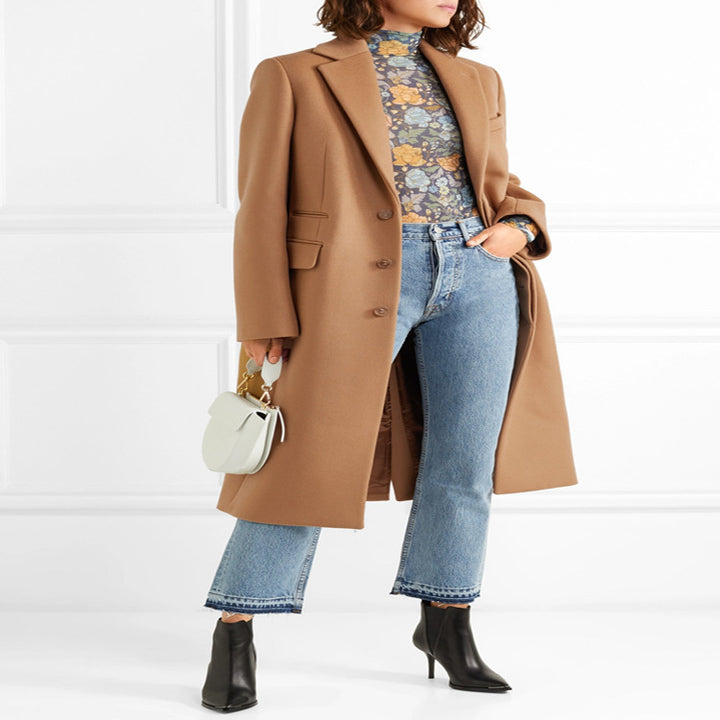 Women's Single-breasted Wool Mix Long Coat with Sharp Tailoring and Patch Pockets Mune Fashion